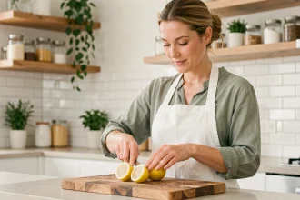 Femme préparant des citrons frais sur une planche en bois dans une cuisine moderne, idéal pour illustrer les bienfaits du citron dans un régime minceur
