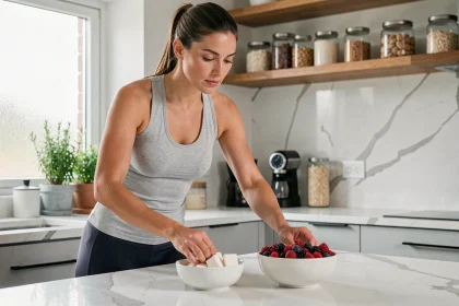 Femme en cuisine choisissant des fruits frais plutôt que du sucre pour améliorer sa silhouette