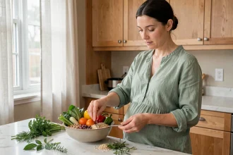 Femme enceinte préparant un repas équilibré dans une cuisine naturelle avec des légumes frais et des céréales complètes