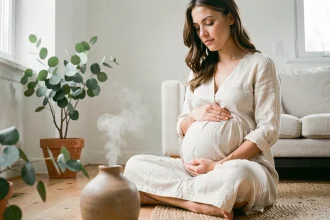 Femme enceinte assise en tailleur sur un plancher en bois, les yeux fermés, près d'un diffuseur d'huiles essentielles en céramique dans un salon scandinave apaisant
