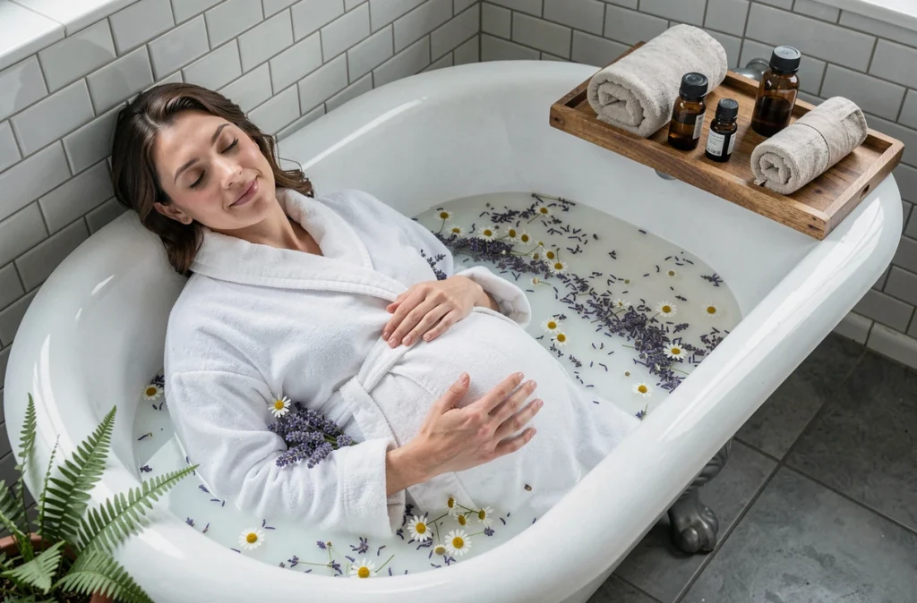 Femme enceinte se relaxant dans un bain de fleurs de lavande et de camomille avec des flacons d'huiles essentielles posés sur un plateau en bois, dans une salle de bain apaisante