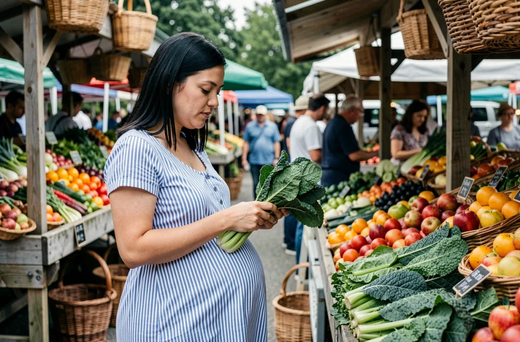 Femme enceinte faisant ses courses au marché de producteurs en sélectionnant des légumes frais et des aliments sains