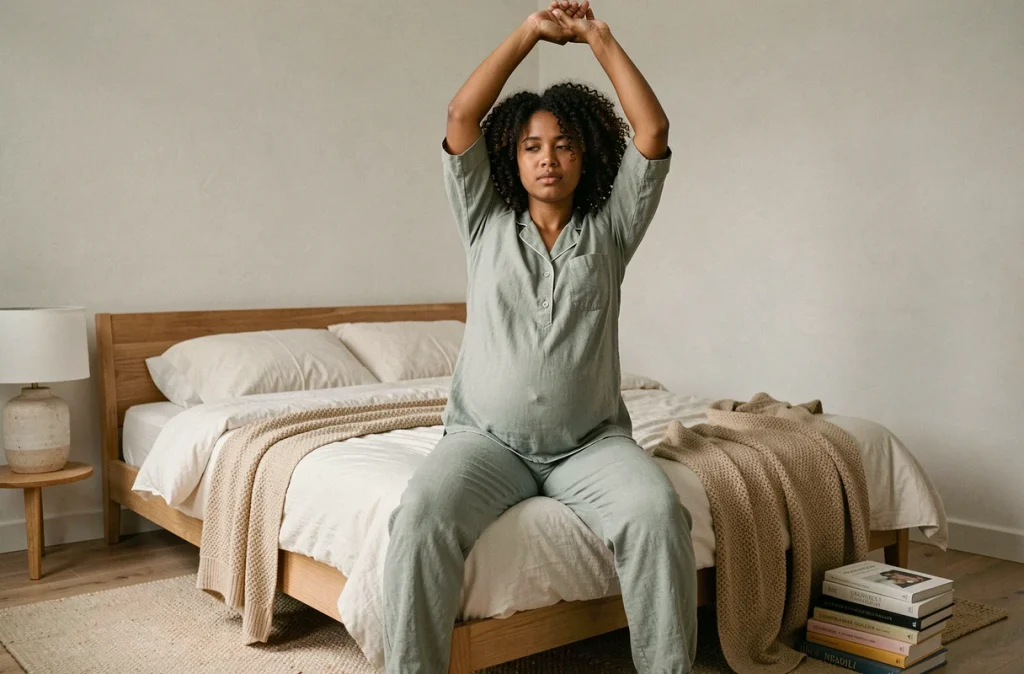 Femme enceinte en pyjama lin s'étirant avant de dormir dans une chambre au style scandinave minimaliste