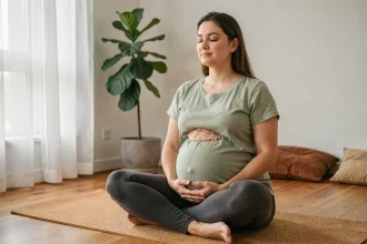 Femme enceinte pratiquant la respiration profonde en position méditée sur un tapis de yoga dans un salon minimaliste