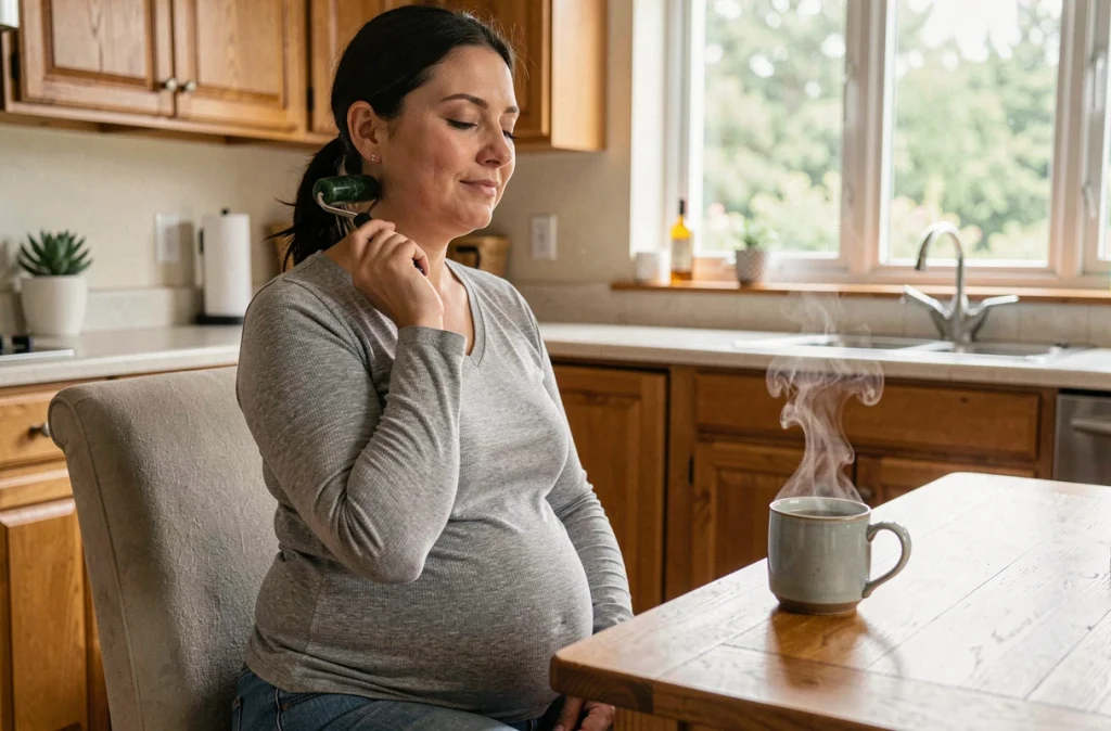Femme enceinte utilisant un rouleau de jade pour soulager les tensions cervicales dans une cuisine chaleureuse en fin de grossesse