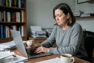 Femme épuisée devant son ordinateur portable, victime d'un vampiriseur d'énergie au bureau à domicile