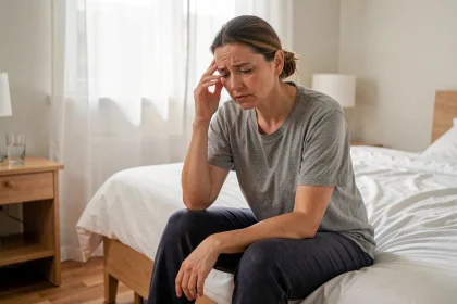 Femme fatiguée assise sur le bord d'un lit tenant sa tempe, illustrant les premiers symptômes de la sclérose en plaques comme la fatigue et les troubles cognitifs