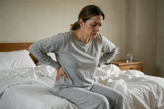 Femme souffrant de fibromyalgie assise au bord du lit, les mains dans le dos, expression de douleur chronique matinale