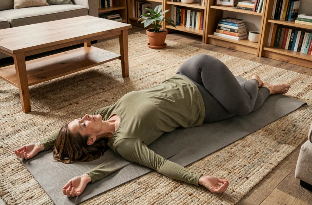 Femme atteinte de fibromyalgie pratiquant des étirements doux sur un tapis de yoga dans son salon pour soulager la douleur