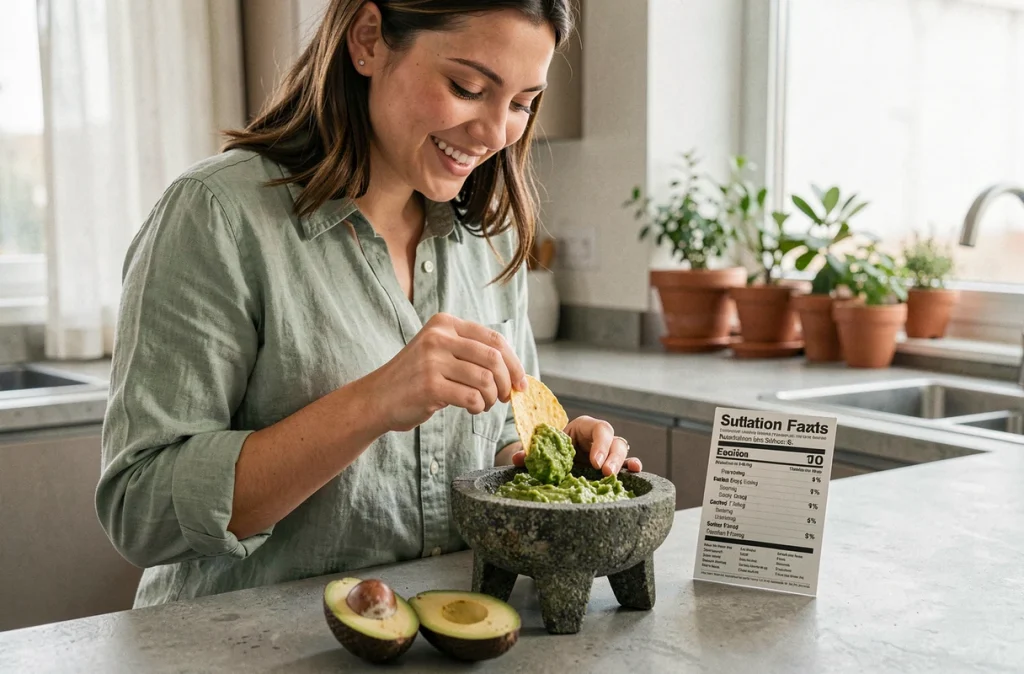 Jeune femme mangeant du guacamole avec une chips et consultant des informations nutritionnelles sur l'avocat dans une cuisine moderne