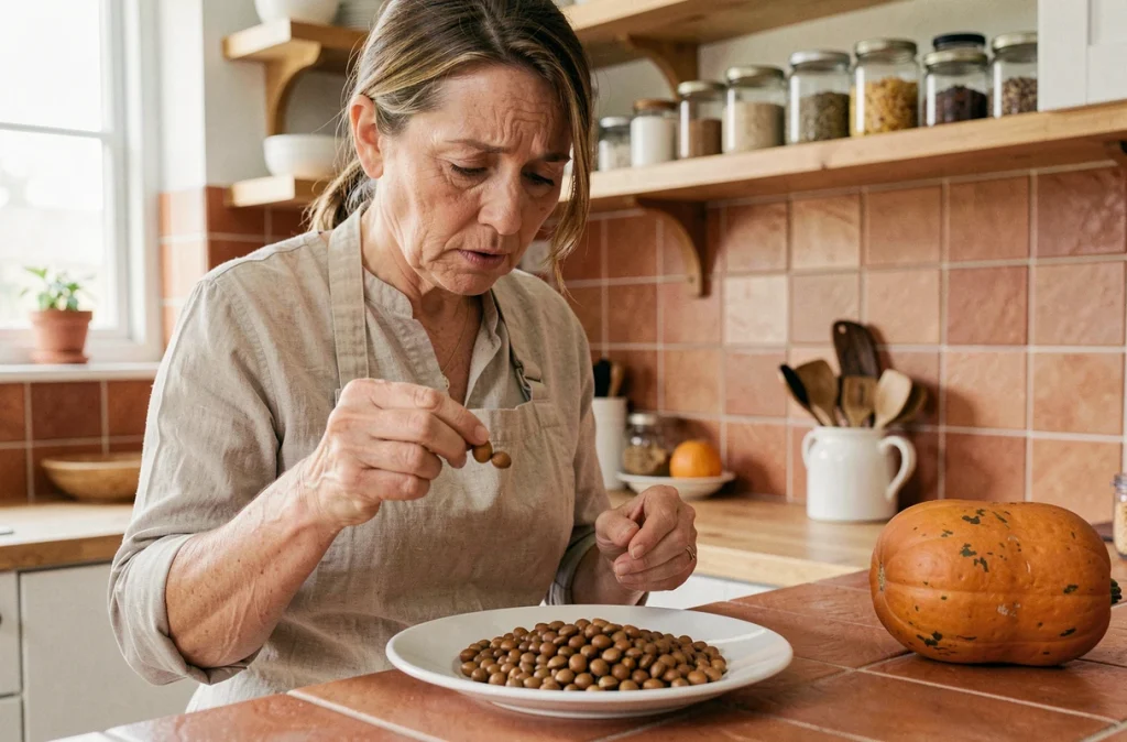 Femme examinant attentivement des graines de potimarron dans une cuisine rustique pour évaluer leur comestibilité et détecter un risque potentiel