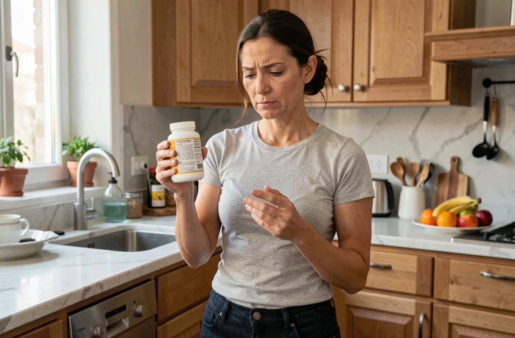 Femme lisant l'étiquette d'un complément alimentaire minceur dans sa cuisine