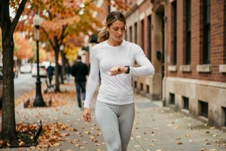 Femme marchant rapidement en ville et consultant sa montre connectée pour compter ses pas quotidiens