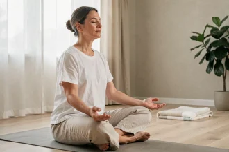 Femme pratiquant la méditation en position assise sur un tapis de yoga pour gérer la douleur chronique liée à la névralgie pudendale