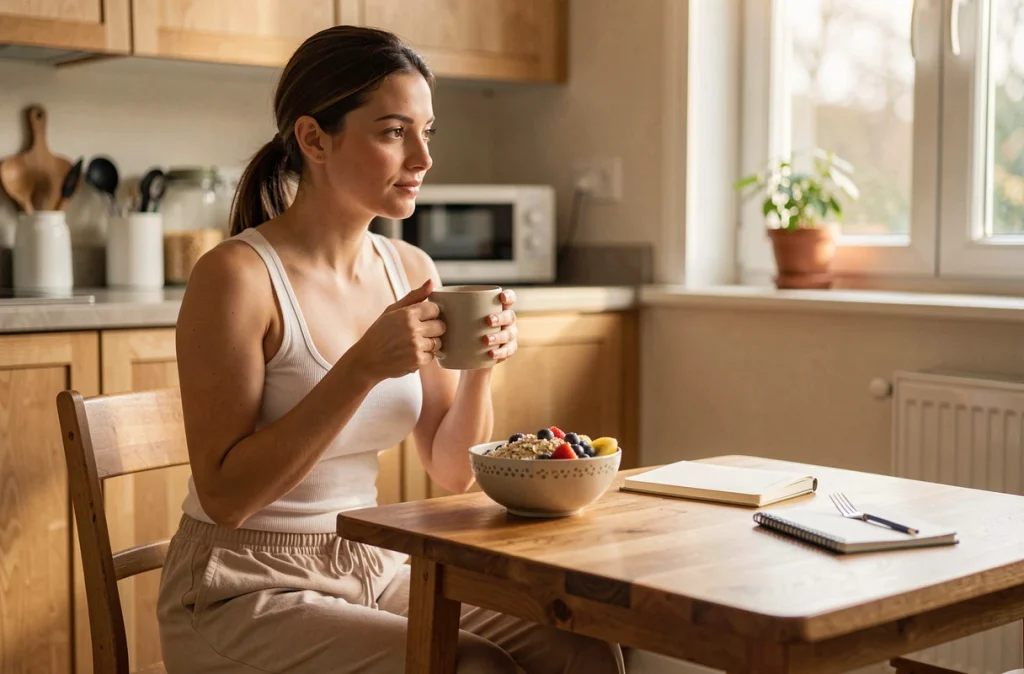 Femme reposée prenant un petit-déjeuner sain le matin, illustrant le lien entre un bon sommeil et une alimentation équilibrée pour contrôler le poids