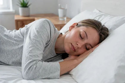 Femme dormant paisiblement dans un lit aux draps blancs, illustrant l'importance du sommeil pour la gestion du poids