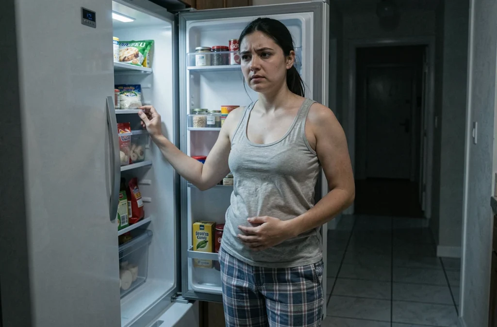Femme debout devant un réfrigérateur ouvert la nuit, hésitante et stressée, illustrant le comportement alimentaire compulsif lié au stress chronique