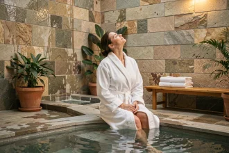 Femme en robe de bain blanche se relaxant au bord d'une piscine thermale intérieure dans un spa hôtel du Cher