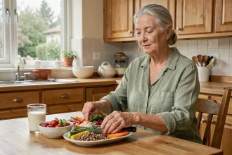 Femme de 68 ans préparant un repas équilibré riche en légumes et protéines dans une cuisine familiale, illustrant les besoins nutritionnels après 65 ans