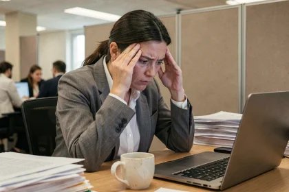 Femme stressée au bureau se tenant la tête dans les mains, illustrant l'impact du stress chronique sur la santé