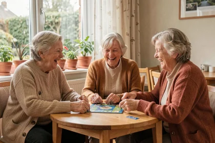 Trois femmes âgées rient ensemble autour d'un jeu de société dans un centre communautaire, illustrant le lien social bénéfique pour la santé mentale des aînés