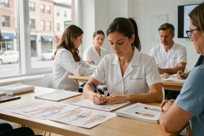 Masseuse professionnelle prenant des notes lors d'une formation continue en massage en France