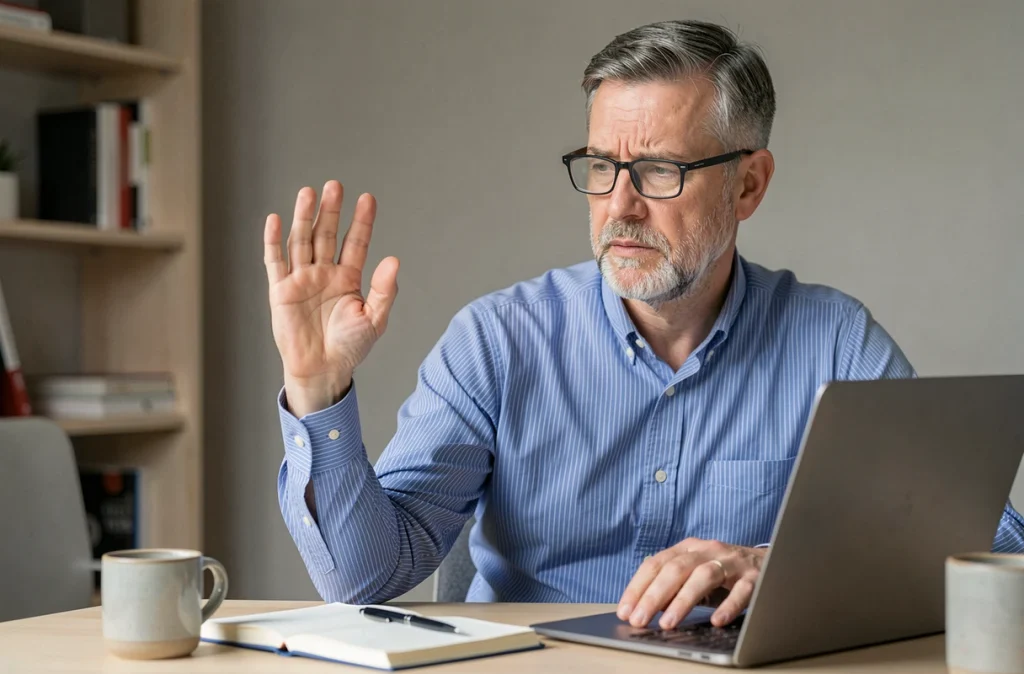 Homme en télétravail observant son bras gauche avec des fourmillements assis à son bureau à domicile