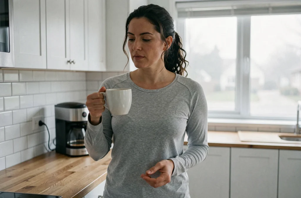 Femme ressentant des fourmillements dans le bras gauche le matin dans sa cuisine avec une tasse de café