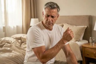 Homme se réveillant avec des fourmillements dans le bras gauche assis sur le bord de son lit le matin