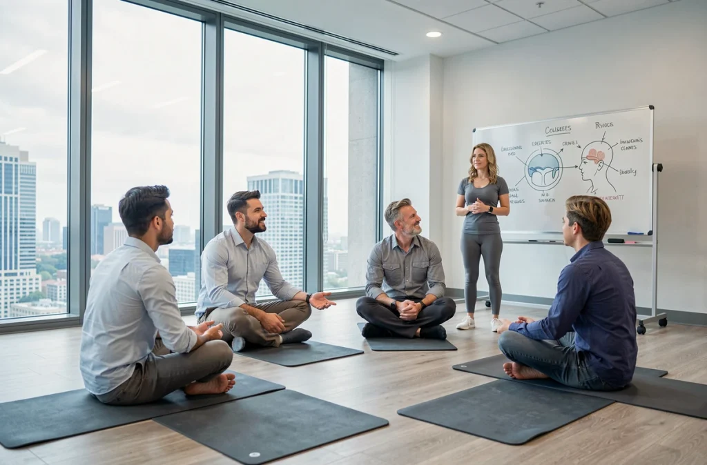 Séance de gestion du stress en entreprise avec un groupe d'employés sur des tapis de yoga guidés par un coach bien-être dans une salle de réunion