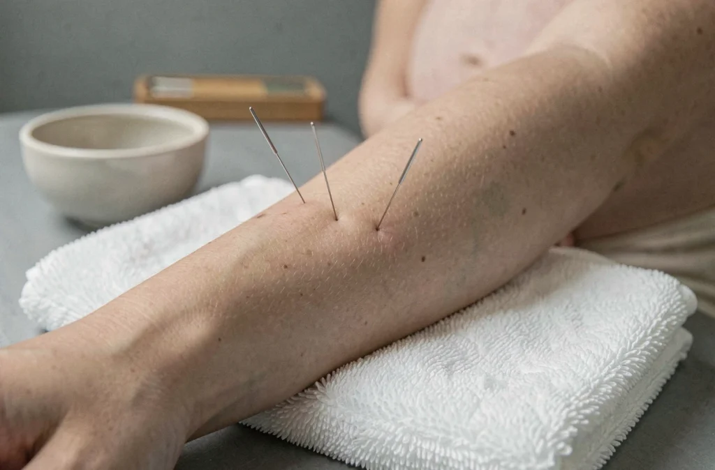 Gros plan sur des aiguilles d'acupuncture insérées au poignet d'une femme enceinte pour traiter les nausées matinales de grossesse