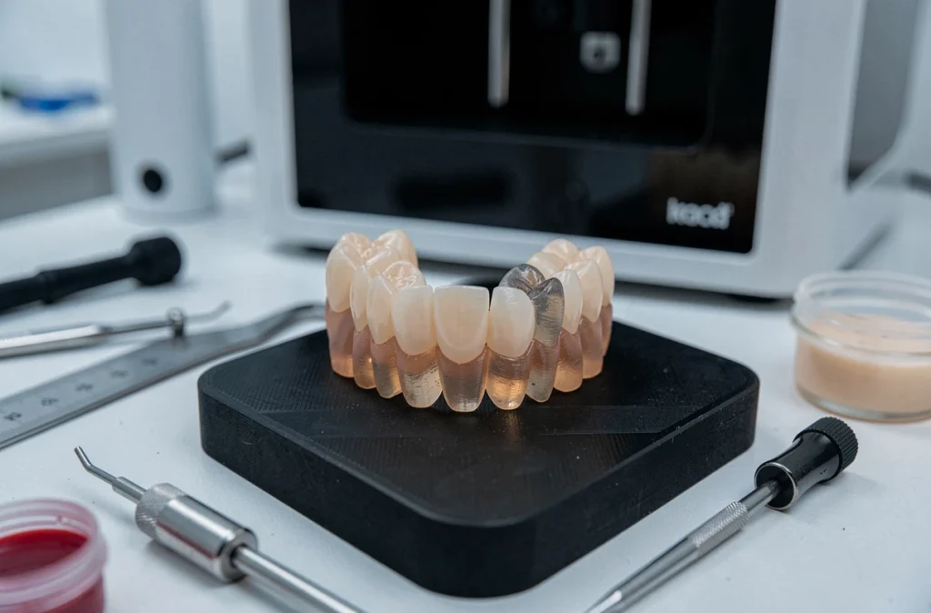 Gros plan sur une couronne dentaire imprimée en résine 3D posée sur un plateau de calibration en laboratoire dentaire