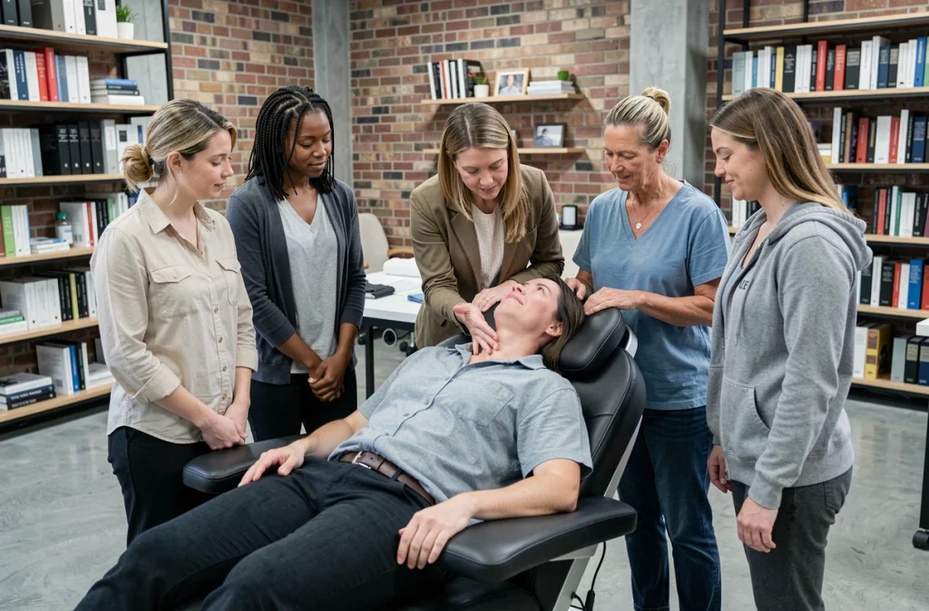 Groupe d'étudiants en massage observant une démonstration de technique cervicale lors d'une formation certifiante en France