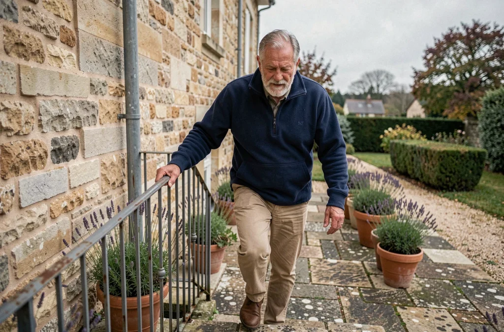 Homme âgé de 71 ans descendant des marches avec difficulté en raison de l'arthrose du genou