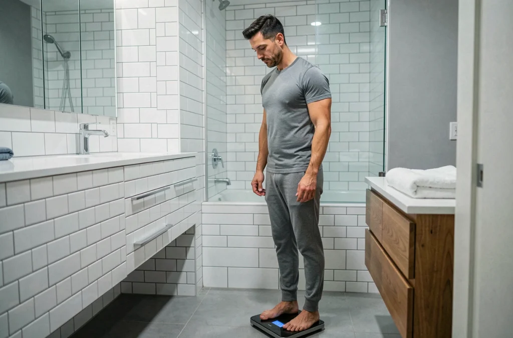 Homme se pesant sur une balance dans une salle de bain moderne, reliant le suivi du poids aux habitudes de sommeil