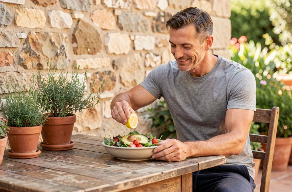 Homme pressant un citron sur une salade fraîche en terrasse, alimentation saine et minceur au quotidien