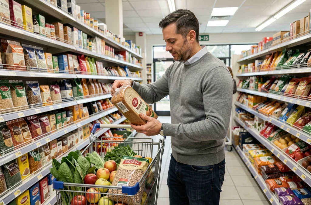 Homme choisissant du pain complet riche en fibres dans le rayon d'un supermarché