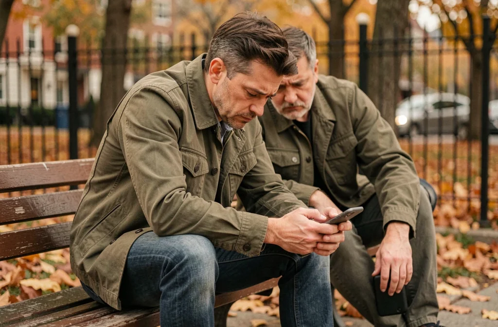 Homme épuisé sur un banc de parc après une conversation téléphonique difficile avec un vampiriseur d'énergie