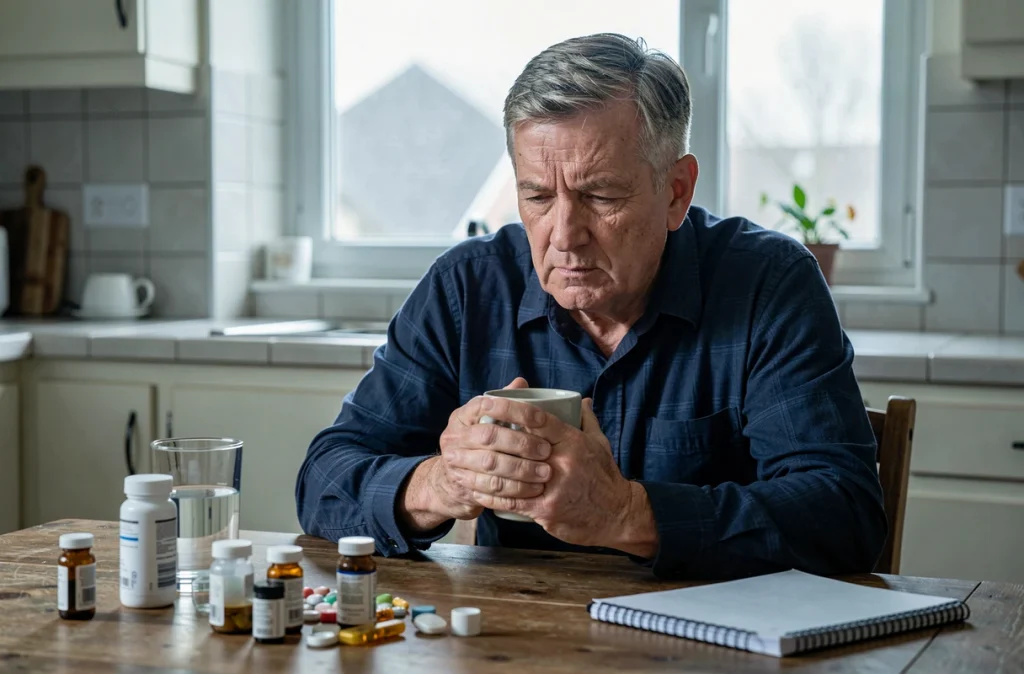Homme âgé atteint de fibromyalgie assis à la cuisine avec ses médicaments, air épuisé et regard dans le vide