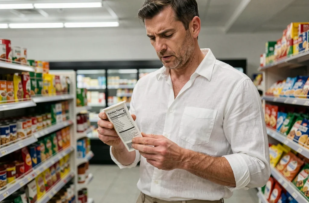 Homme lisant les étiquettes nutritionnelles au supermarché pour réduire sa consommation de sucre