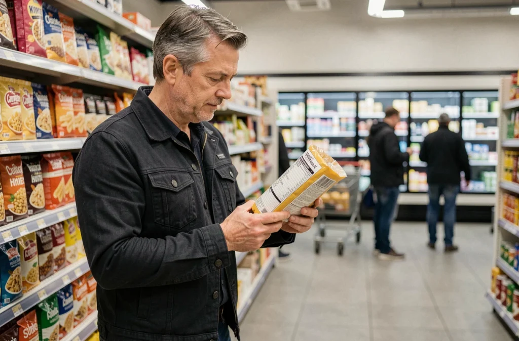 Homme adulte lisant la liste des ingrédients d'un produit alimentaire en rayon de supermarché