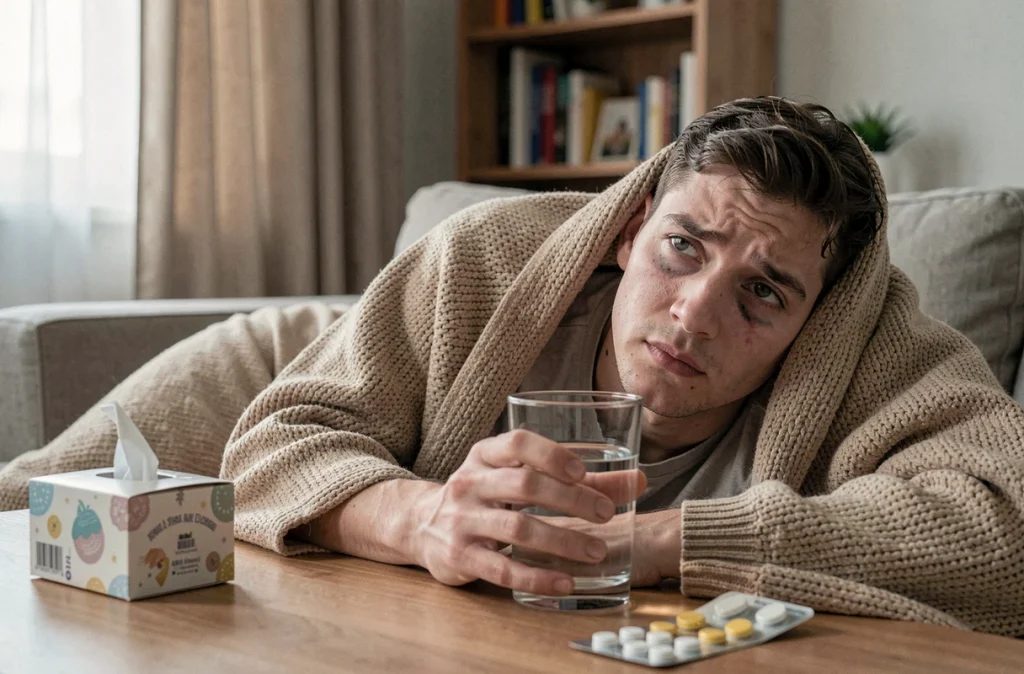 Jeune homme malade allongé sur un canapé, symbolisant les conséquences du stress chronique sur les défenses immunitaires