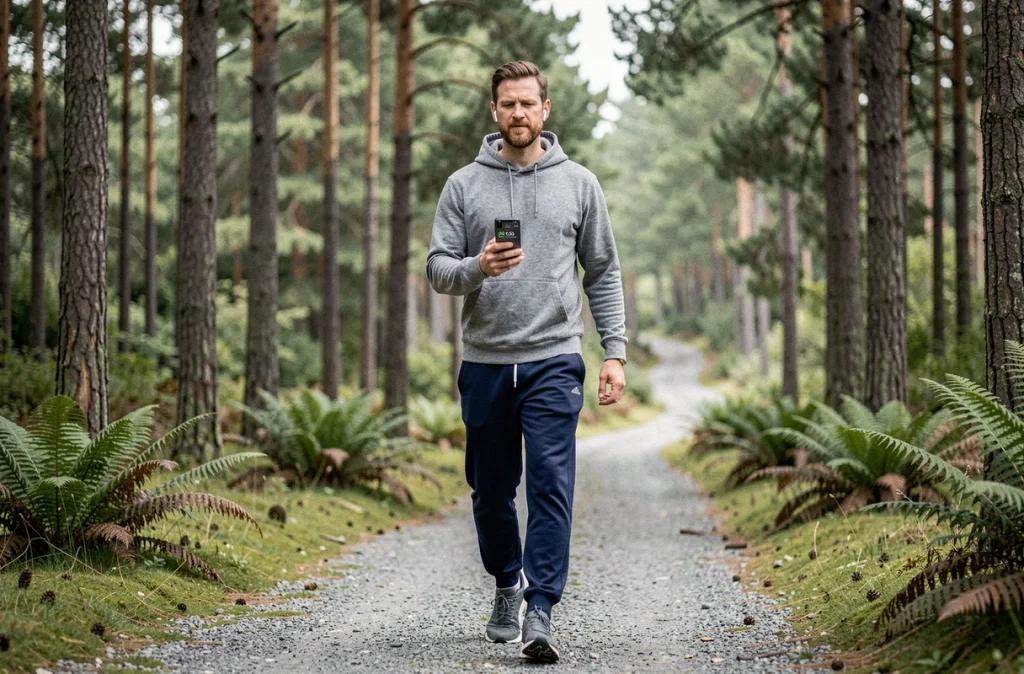 Homme marchant sur un sentier forestier en comptant ses pas avec une application smartphone de fitness