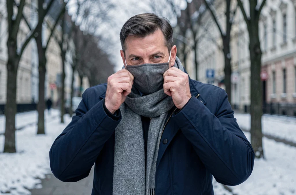 Homme portant un masque en hiver en ville pour se protéger des infections respiratoires