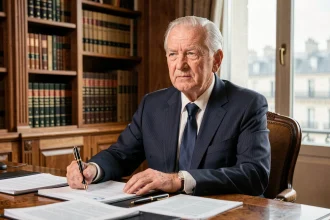 Portrait d'un homme politique français âgé en costume sombre assis à un bureau dans un bureau parisien traditionnel