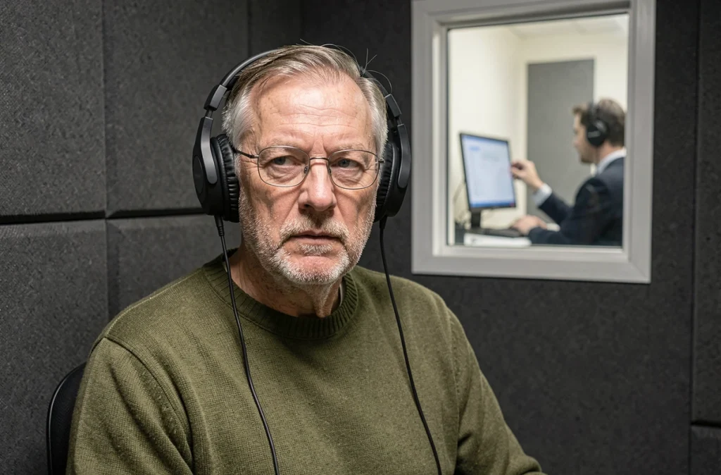 Un homme senior de plus de 70 ans portant un casque audiométrique dans une cabine d'audiométrie insonorisée