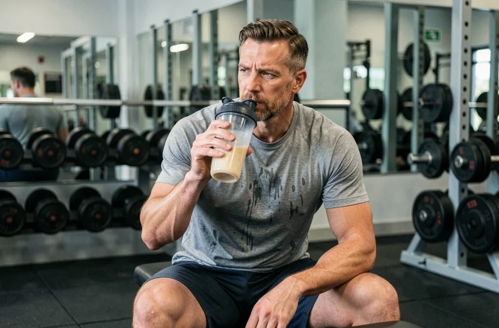 Homme musclé buvant une boisson protéinée après l'entraînement dans une salle de sport