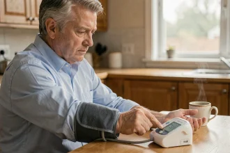 Homme mesurant sa tension artérielle avec un tensiomètre à domicile dans une cuisine, illustrant le suivi de l'hypertension silencieuse