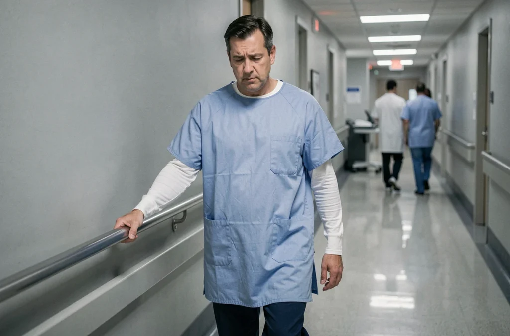 Homme s'appuyant sur une rampe dans un couloir d'hôpital, illustrant les troubles moteurs et les difficultés de marche associés à la sclérose en plaques