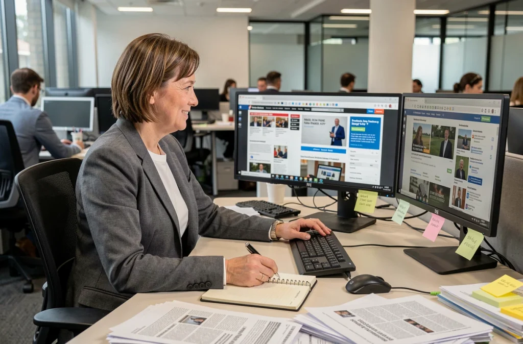 Journaliste vérifiant des sources en ligne dans une salle de rédaction moderne, symbolisant le fact-checking sur des rumeurs de maladie concernant Alain Madelin
